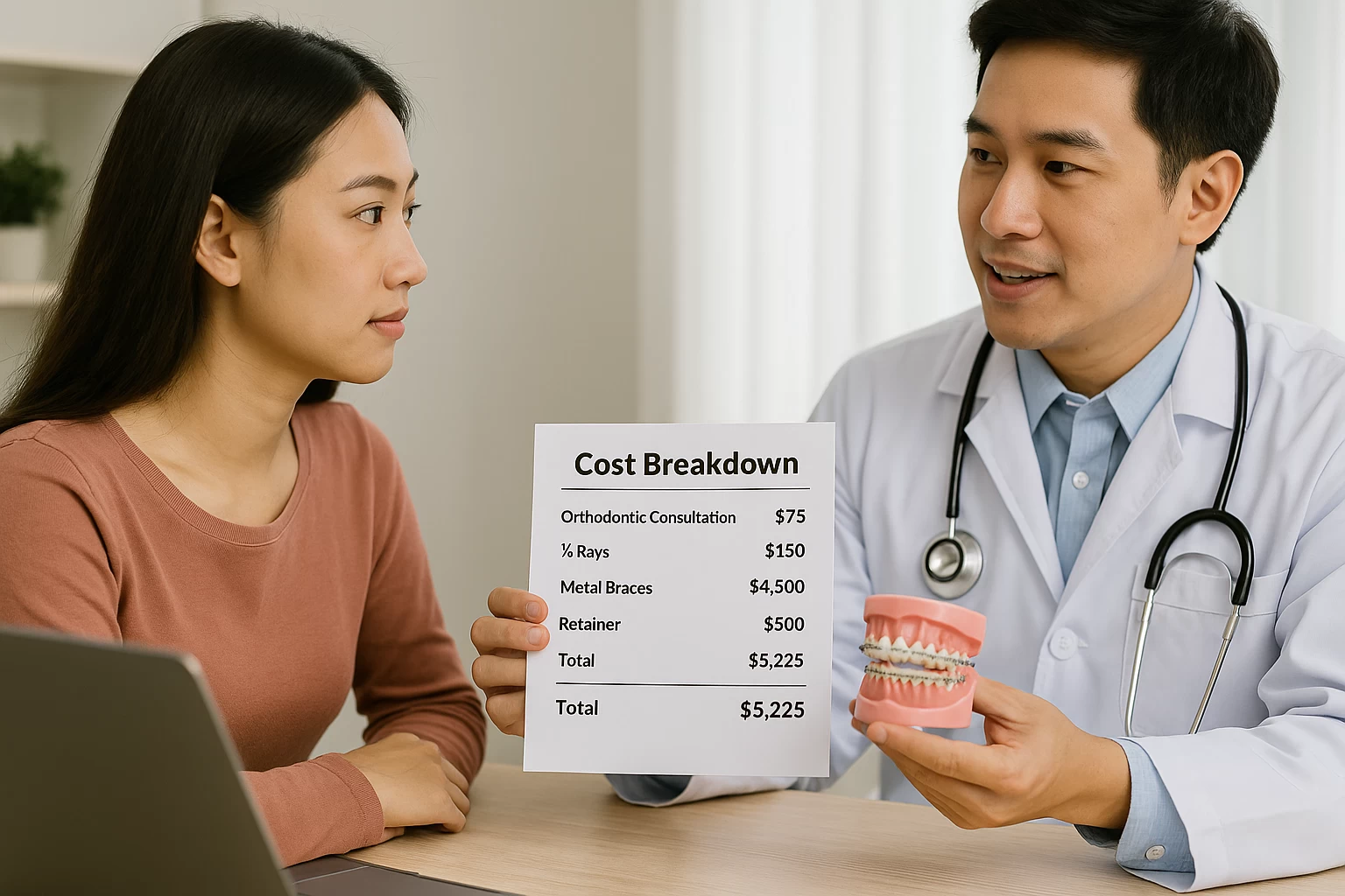 牙醫與患者討論牙齒矯正方案與傳統牙套費用，透過牙齒模型說明治療與評估成本。