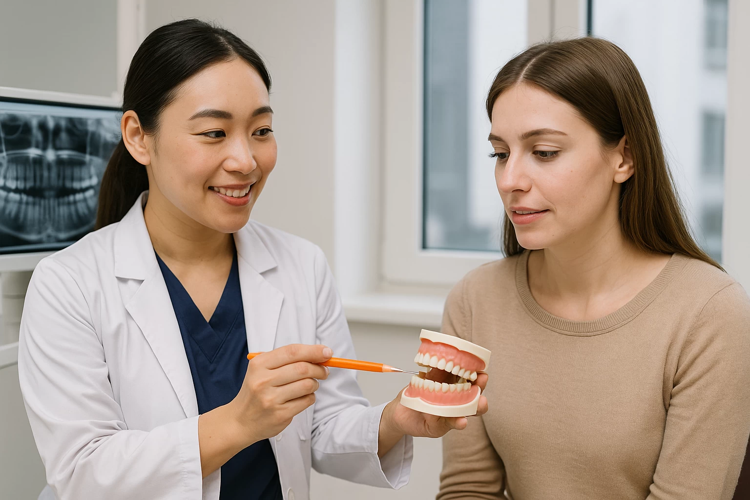 牙醫師使用牙齒模型為患者講解下排矯正方式，示範牙齒移動原理與矯正重點，畫面展現專業、安心的牙齒矯正諮詢氛圍。