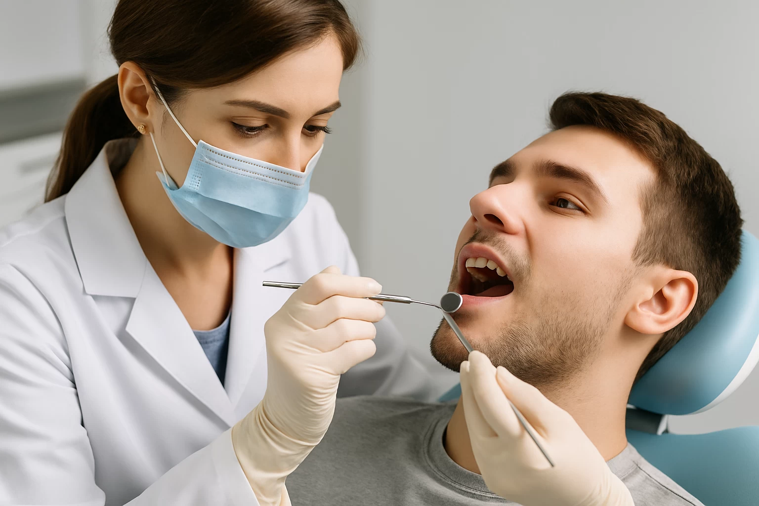 牙醫為男性患者檢查牙齒咬合與磨耗狀況，評估是否需要牙齒矯正改善受力問題。