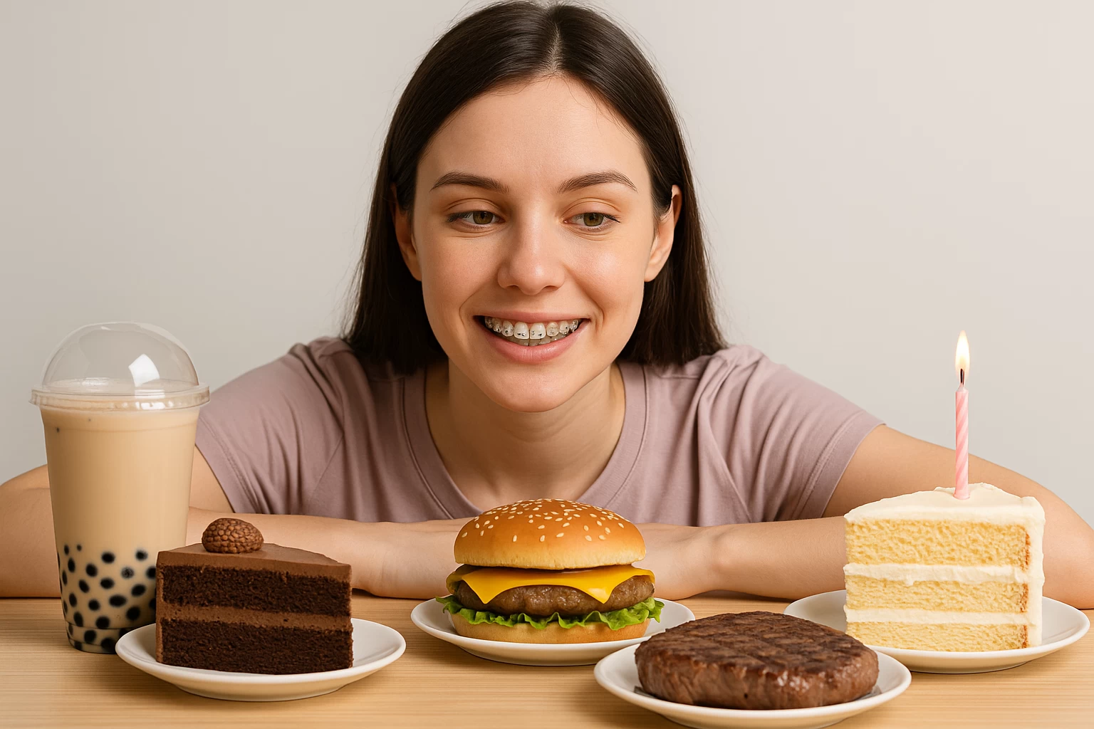 牙套矯正期間飲食注意事項,避免傷害牙齒的5大禁忌 戴牙套的年輕女性坐在桌前,看著珍奶、蛋糕、牛排與漢堡等可能影響矯正期間飲食的食物,呈現牙套族應注意的飲食禁忌情境。