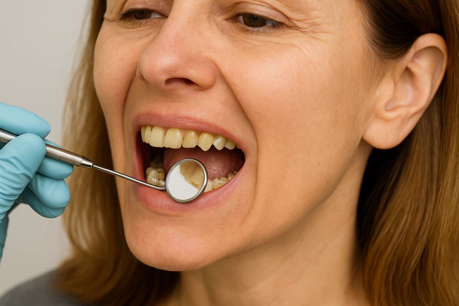 牙齒酸軟、琺瑯質流失怎麼辦?矯正+人工琺瑯質新技術一次解決 牙醫師在明亮診間中為患者進行口腔檢查,使用牙鏡觀察牙面狀況,呈現專業檢測牙齒酸軟與琺瑯質流失的臨床場景。