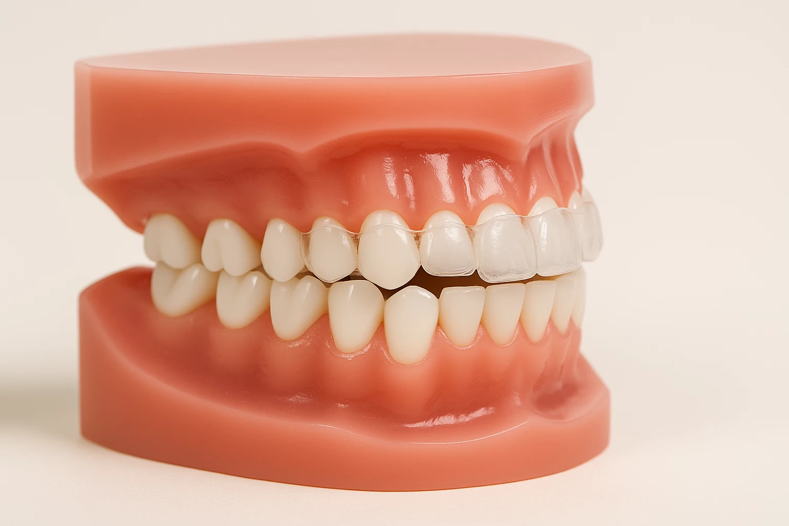 很久沒戴維持器,小心5個後果!最嚴重是矯正2年全白做 透明維持器套在牙齒模型上的側面照片,示意未持續佩戴可能造成牙齒移位風險