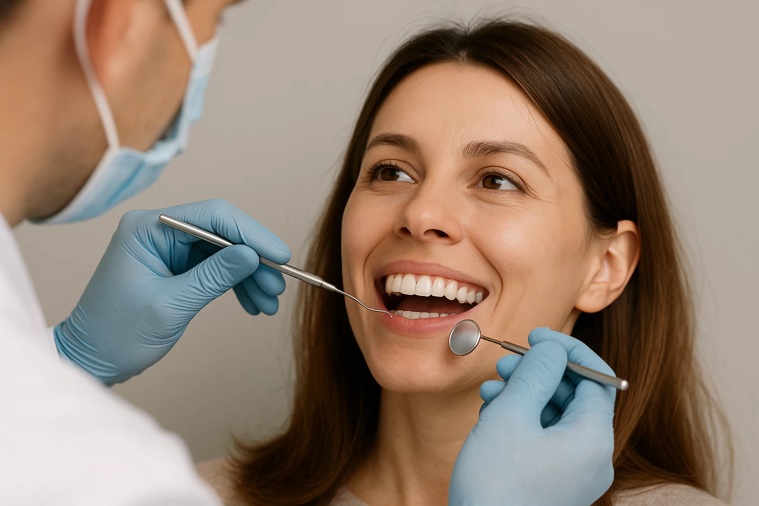 牙齒酸軟、琺瑯質流失怎麼辦?矯正+人工琺瑯質新技術一次解決 牙醫師戴著口罩與手套,使用牙鏡與探針為女性患者檢查牙齒,患者露出自然笑容,畫面呈現專業牙科診療與琺瑯質修復的情境,象徵牙齒矯正與人工琺瑯質技術結合帶來的健康牙齒與自信笑容。