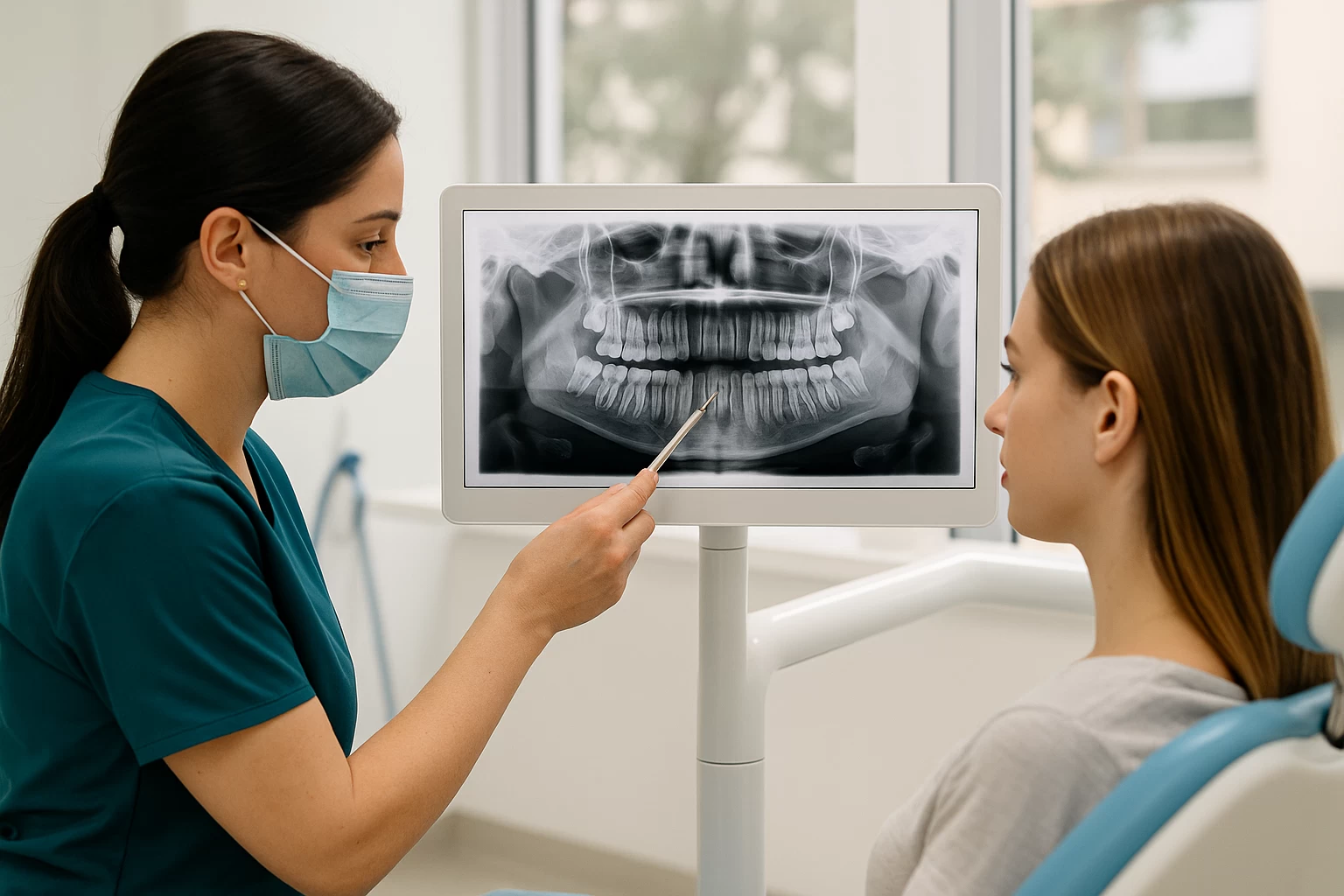 牙醫師在診療椅旁向患者解說口腔 X 光影像，指出下排牙齒的位置與排列狀況，真實呈現牙齒矯正前的檢查與下排矯正評估過程。