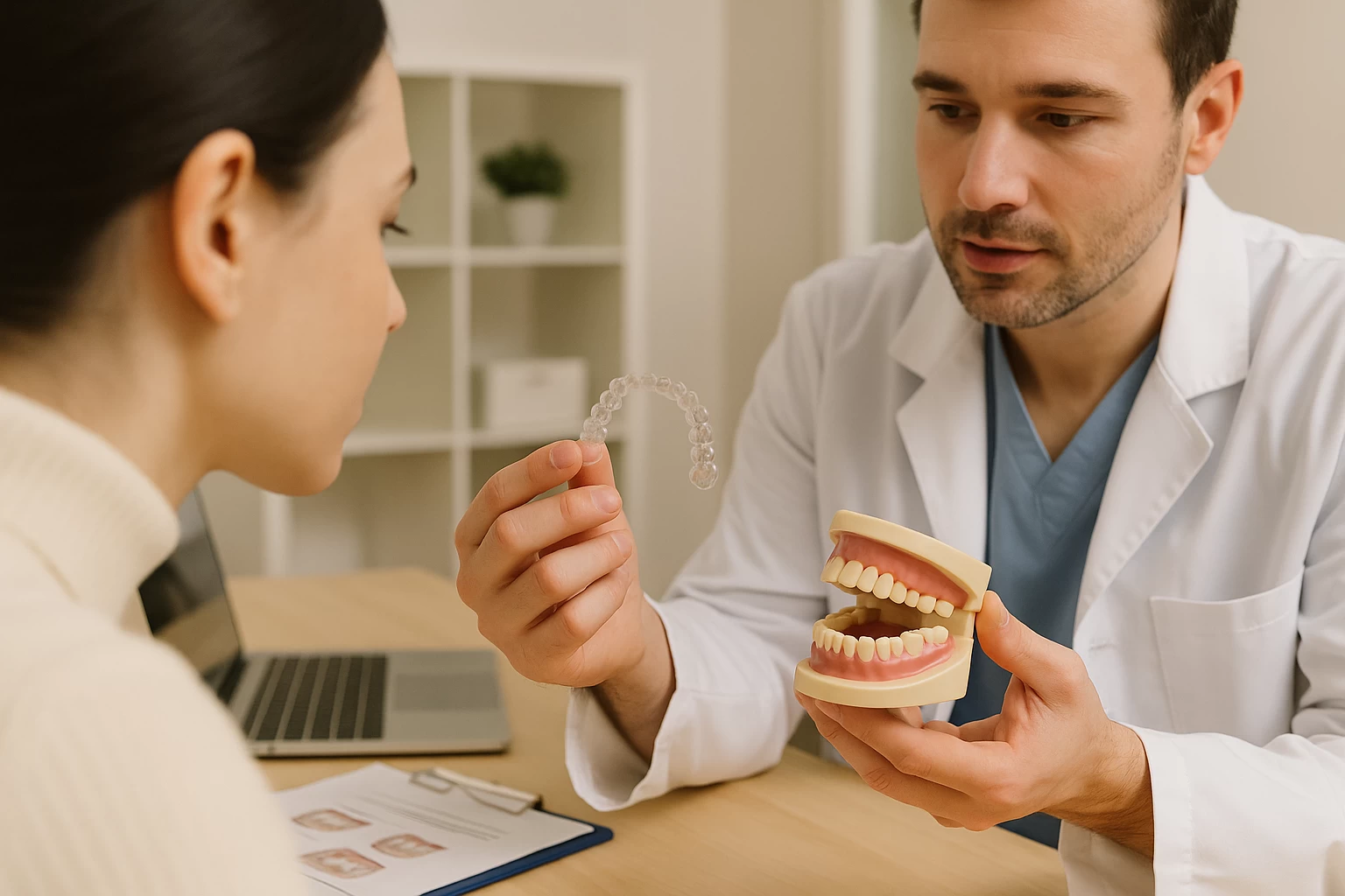 牙齒矯正只想做下排牙齒?1篇全掌握費用、流程、注意事項 醫師向患者說明牙齒矯正計畫,手中展示透明牙套與牙齒模型,呈現下排矯正治療前的專業諮詢情境,強調牙齒矯正過程的專業與溝通。